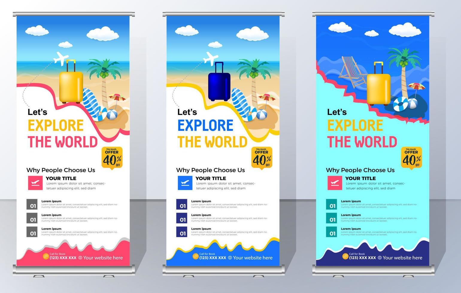 Travel Business Roll Up banner. Truism Standee Design Banner. Corporate digital Roll Up Banner. Vector x Banner, Holiday x-stand Banner. Company Tours Vacation exhibition display template.