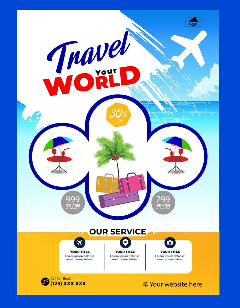 Modern company tours travel flyer design. Summer Holiday Tourism Brochure Template. Flyer Design Set with Beach View. tourism color a4 print ready tour flyer, Holiday Poster. World Adventure template. vector