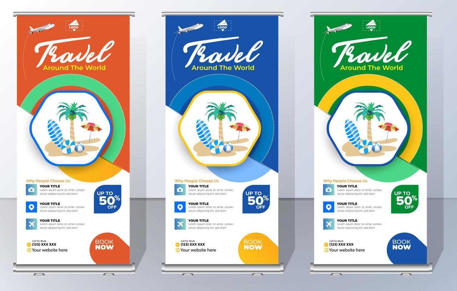 Travel Business Roll Up banner. Truism Standee Design Banner. Corporate digital Roll Up Banner. Vector x Banner, Holiday x-stand Banner. Company Tours Vacation exhibition display template.