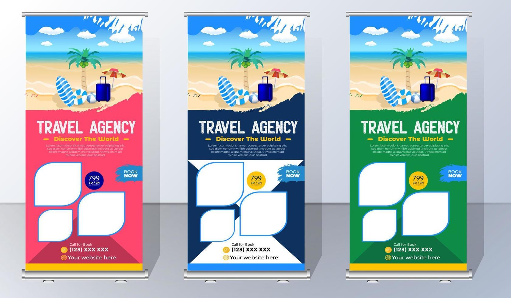 Travel Business Roll Up banner. Truism Standee Design Banner. Corporate digital Roll Up Banner. Vector x Banner, Holiday x-stand Banner. Company Tours Vacation exhibition display template.