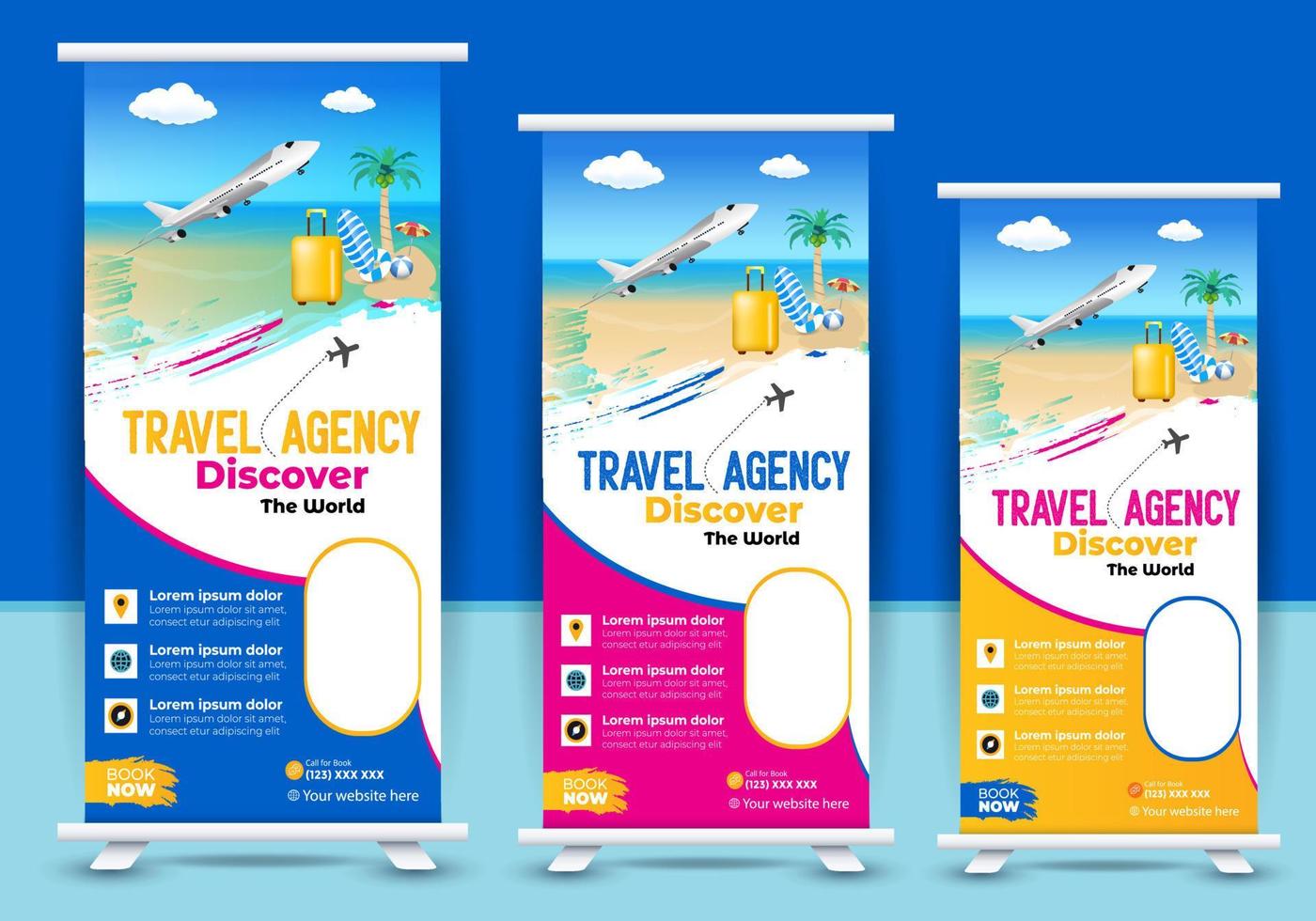 Travel Business Roll Up banner. Truism Standee Design Banner. Corporate digital Roll Up Banner. Vector x Banner, Holiday x-stand Banner. Company Tours Vacation exhibition display template.