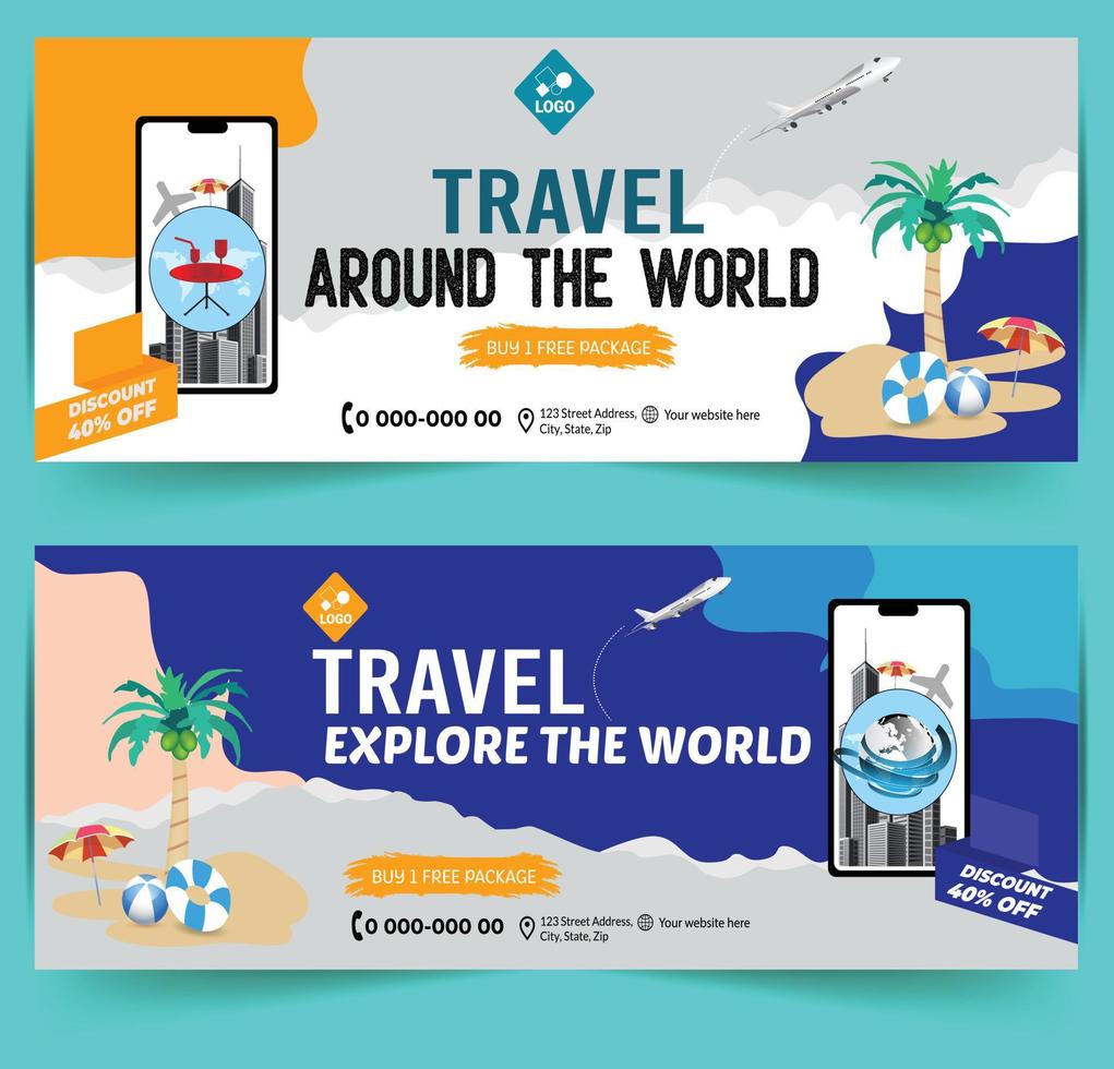 Modern World tours Banner design. company Holiday Adventure Template. Travel agency World Holiday Poster. Vacation Discount template. Travel and tour social media cover or web banner. vector