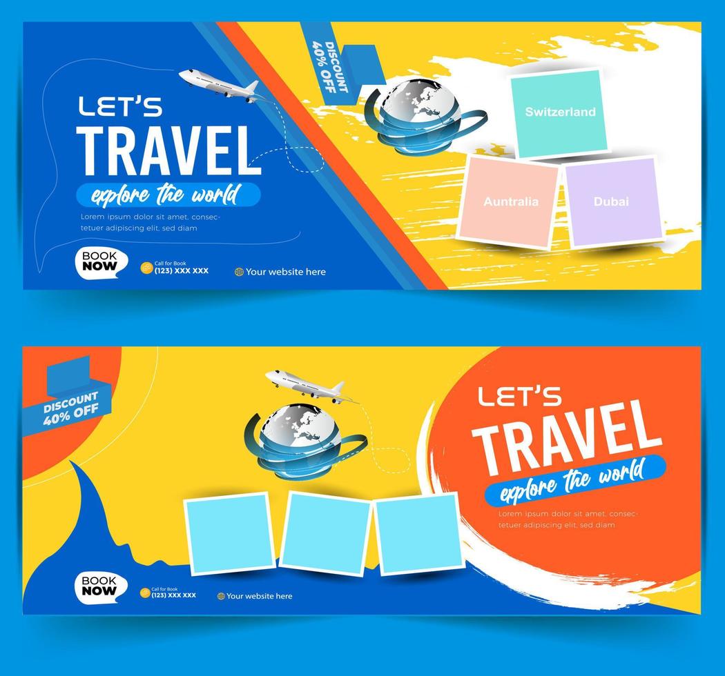 Modern World tours Banner design. company Holiday Adventure Template. Travel agency World Holiday Poster. Vacation Discount template. Travel and tour social media cover or web banner. vector