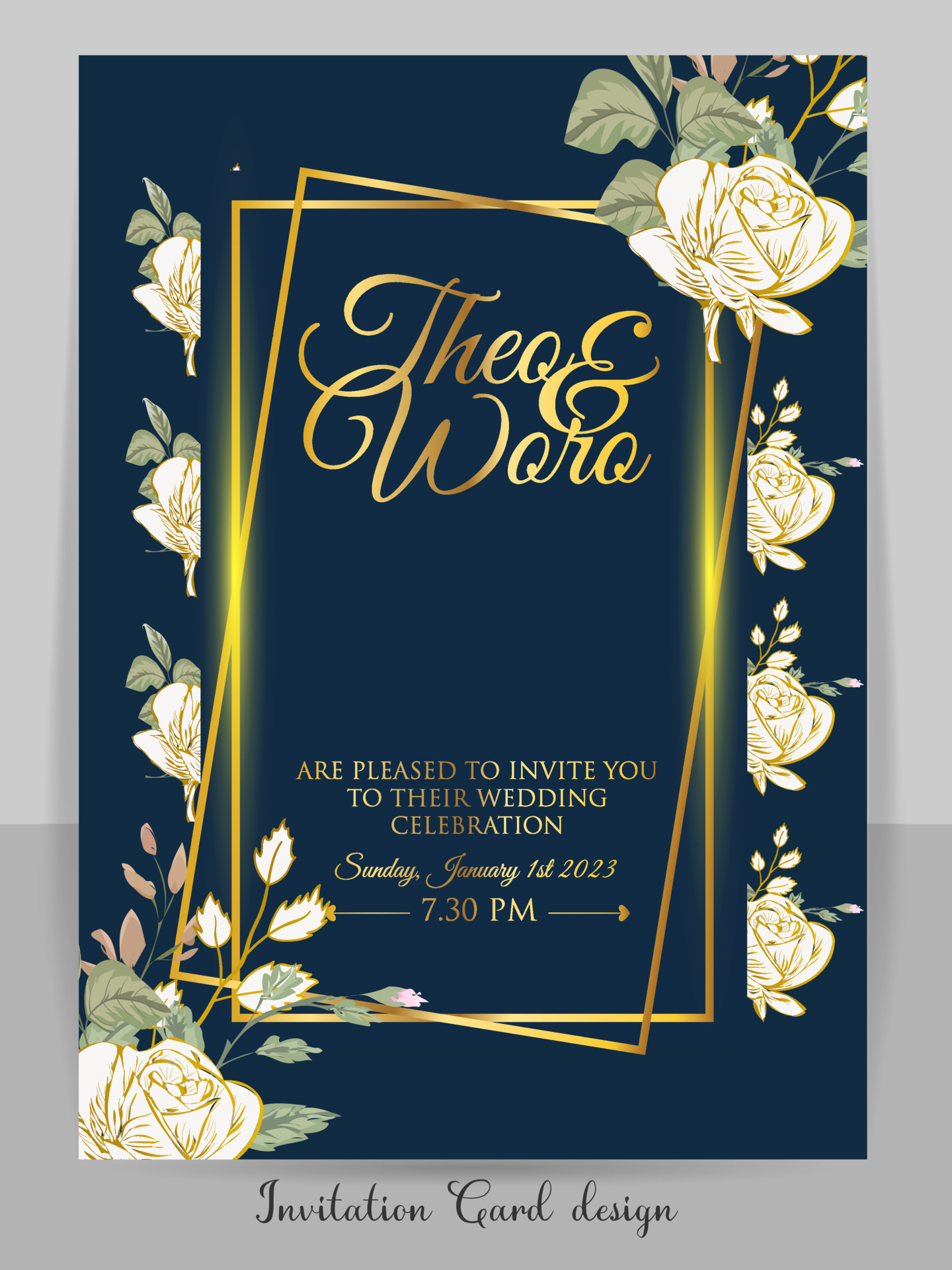 Wedding invitation Card with beautiful blooming floral watercolor