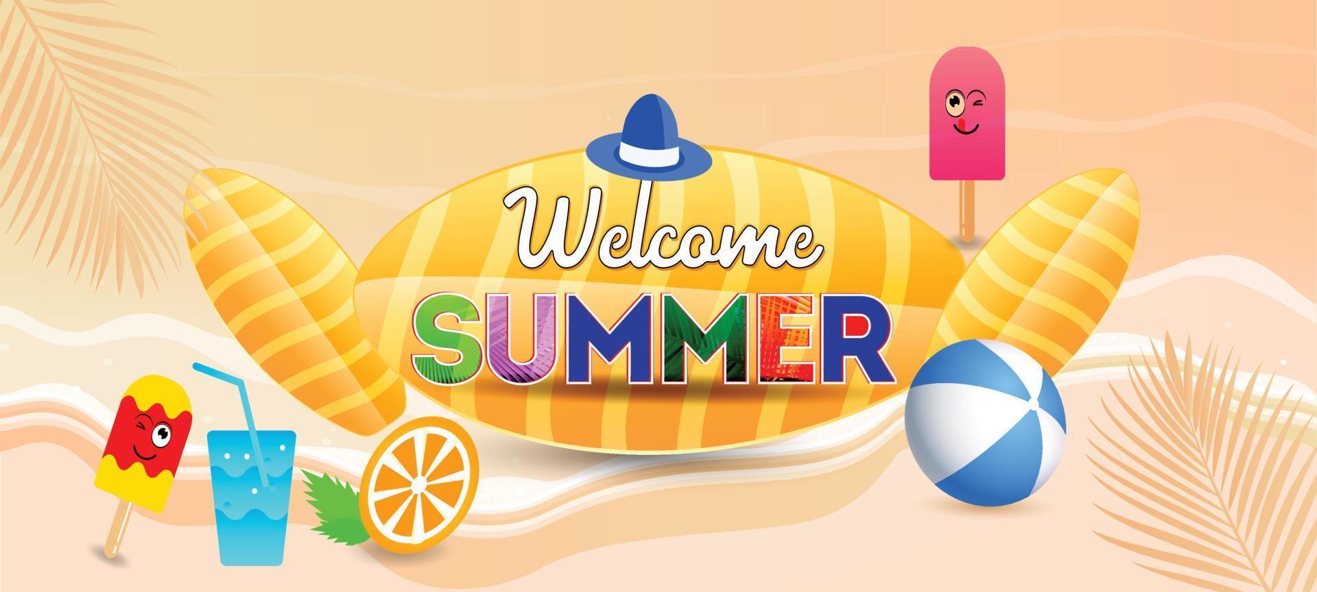 Summer sale banner template promotion with product 3d Product display. Hello summer holiday beach horizontal banner. Hi Summer vacation Discount travel poster. Colorful tropical sea beach Landscape. vector