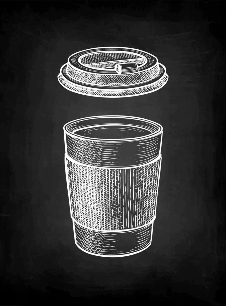 Hot drink in paper cup with lid. Coffee to go. Small size. Chalk sketch mockup on blackboard background. Hand drawn vector illustration. Retro style.