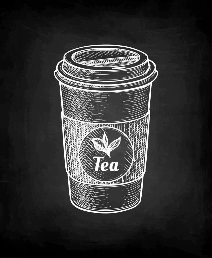 Hot tea. Paper cup with lid. label with text and leaves. Chalk sketch on blackboard background. Hand drawn vector illustration. Retro style.