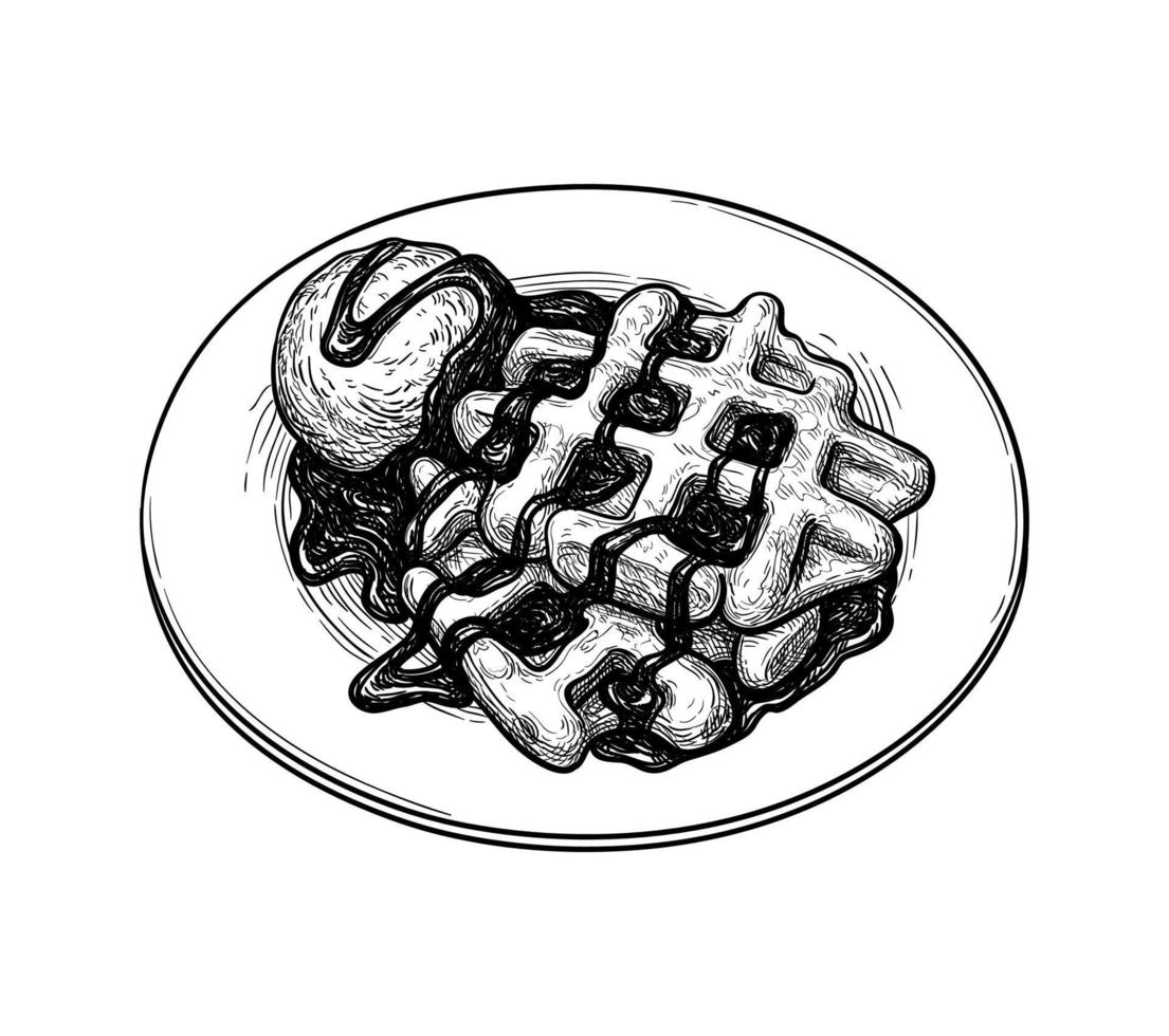 Ink sketch of waffles with syrup and ice cream. Hand drawn vector illustration isolated on white background. Retro style.