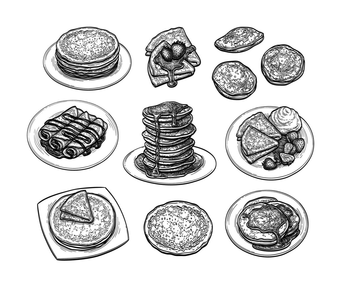 Pancakes and French crepes or Russian blinis with strawberries and syrup. Ink sketch collection. Isolated on white background. Hand drawn vector illustration. Retro style.