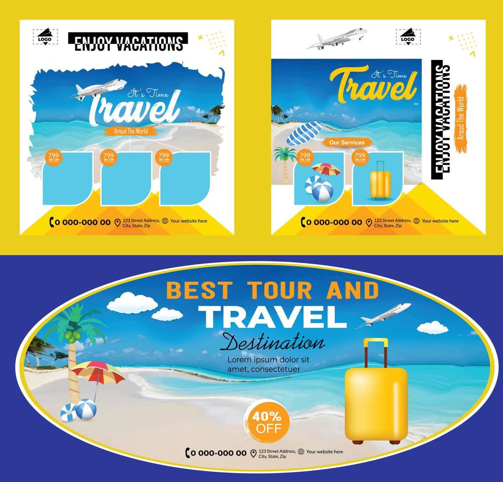 Social media Travel and tours ad design. Enjoy Holiday Adventure Template. social media post template. Travel agency Poster. Truism Vacation Discount Banner. vector