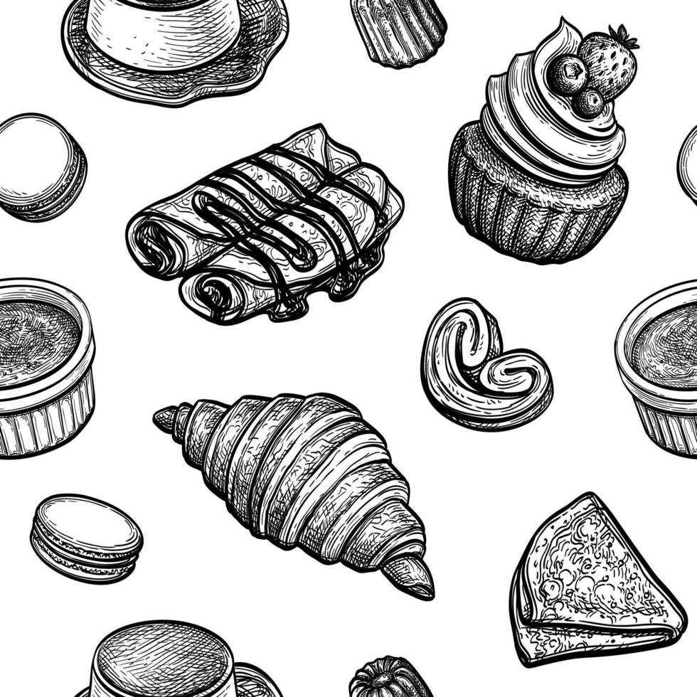 French desserts and pastries. Seamless pattern. Collection of ink sketches on white background. Hand drawn vector illustration. Retro style.