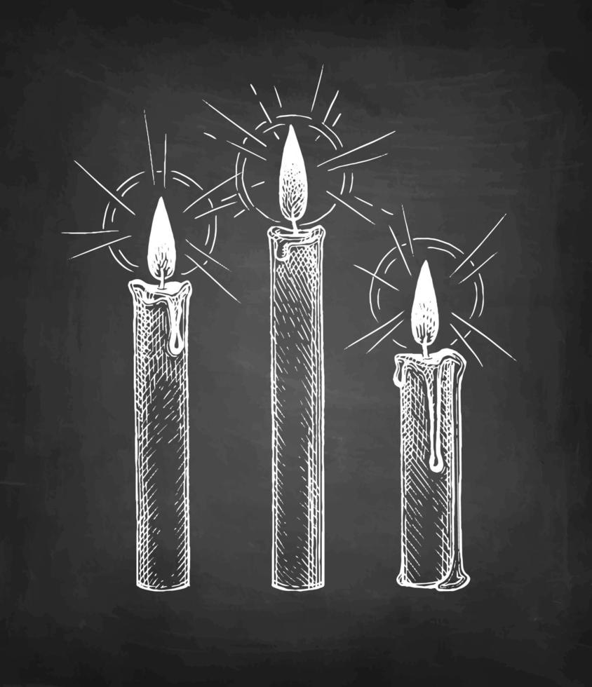 Candles burning. Chalk sketch on blackboard background. Hand drawn vector illustration. Retro style.