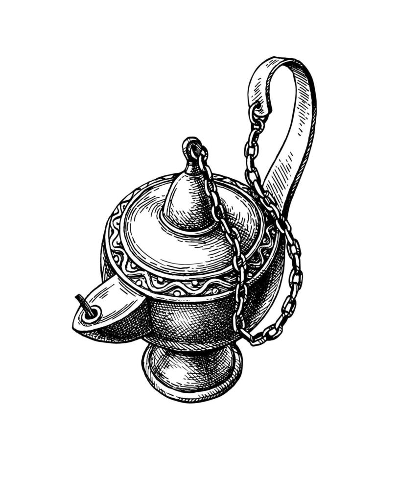 Oriental oil lamp. Ink sketch isolated on white background. Hand drawn vector illustration. Vintage style stroke drawing.