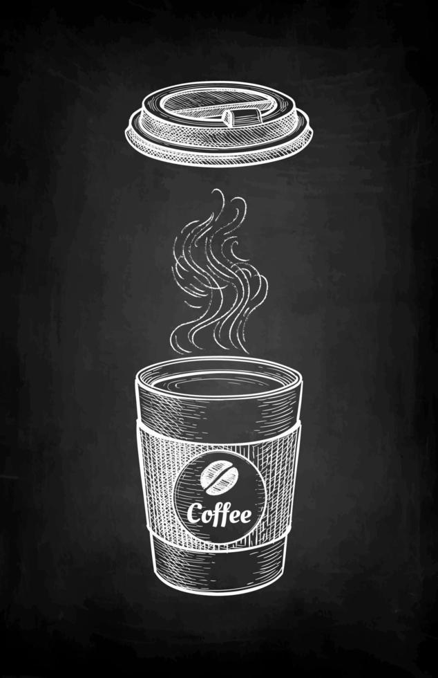 Hot drink with vapor. Paper cup and lid. Coffee to go. Small size. label with text and bean. Chalk sketch on blackboard background. Hand drawn vector illustration. Retro style.