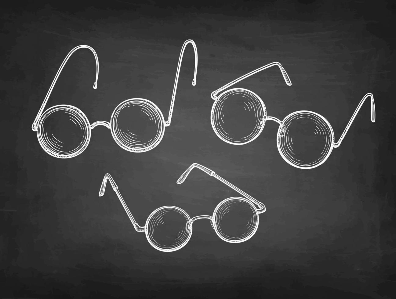 Round glasses. Chalk sketch set on blackboard background. Hand drawn vector illustration. Retro style.