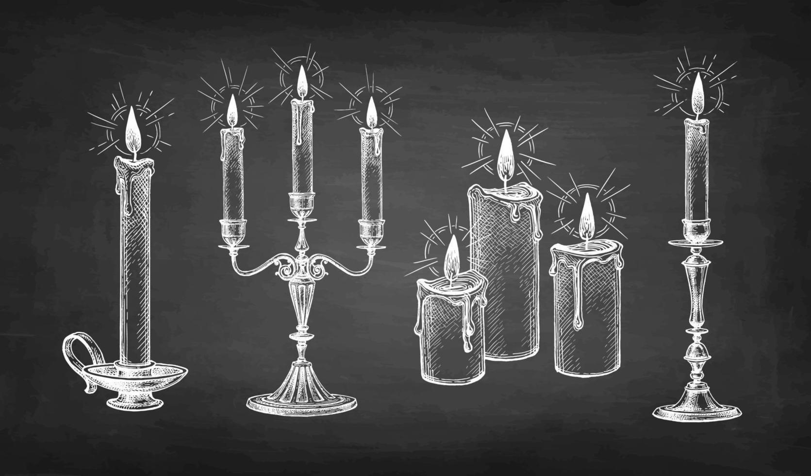 Candles burning. Candelabra and candlestick. Chalk sketch on blackboard background. Hand drawn vector illustration. Retro style.