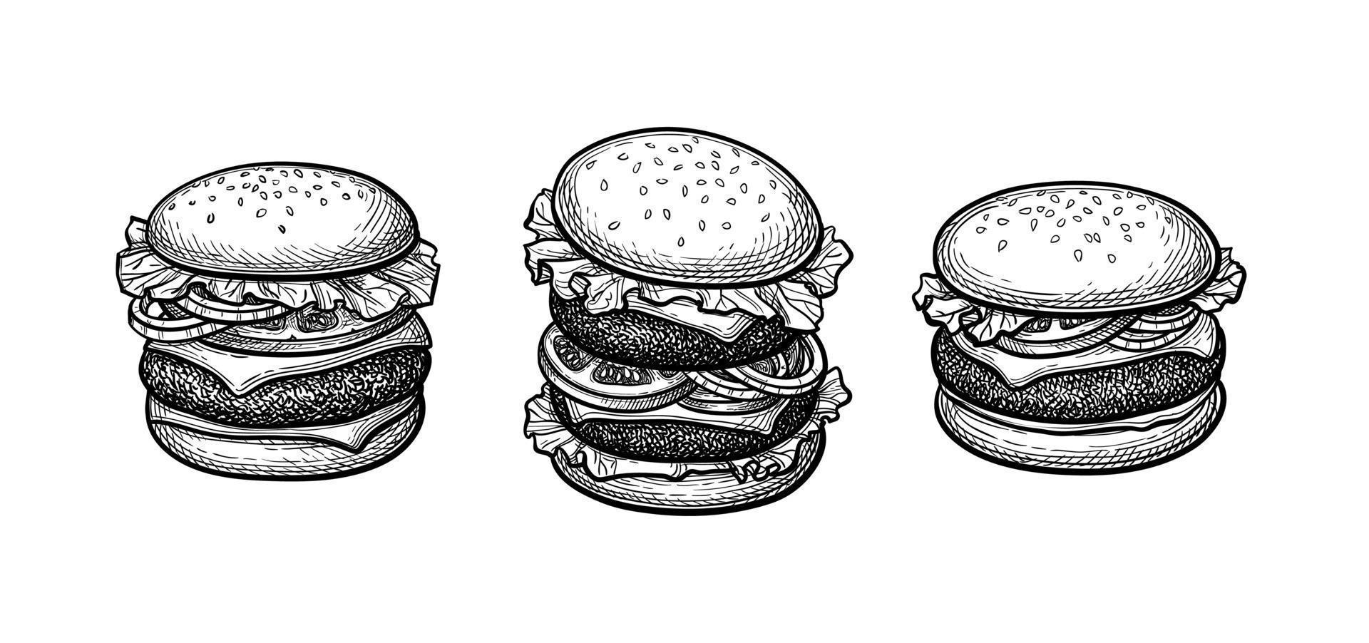 Double patty burger, hamburger and cheeseburger. Collection of Ink sketches isolated on white background. Hand drawn vector illustration. Retro style.