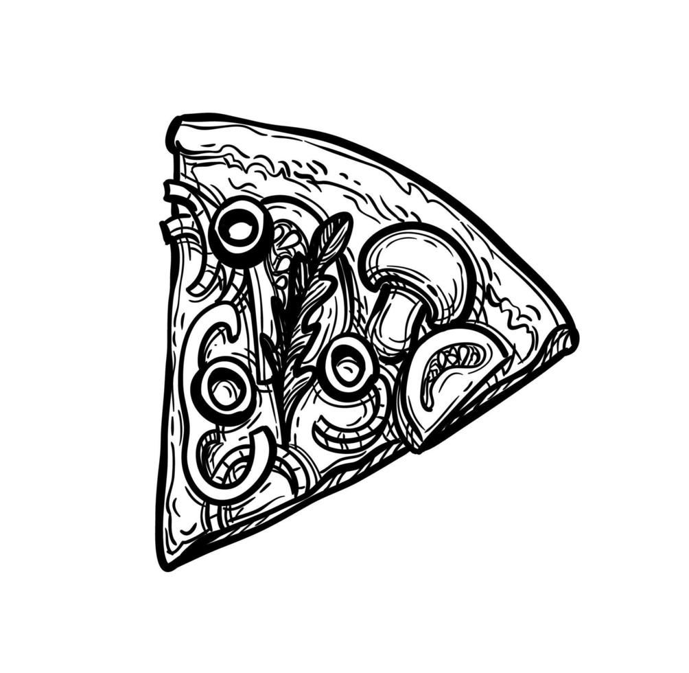 rebanado vegetariano Pizza coronado con hongos, aceitunas y Rúcula. tinta bosquejo aislado en blanco antecedentes. mano dibujado vector ilustración. retro estilo.