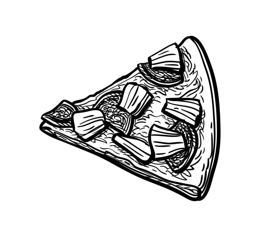 Slice of pizza topped with pineapple and ham. Ink sketch isolated on white background. Hand drawn vector illustration. Retro style.