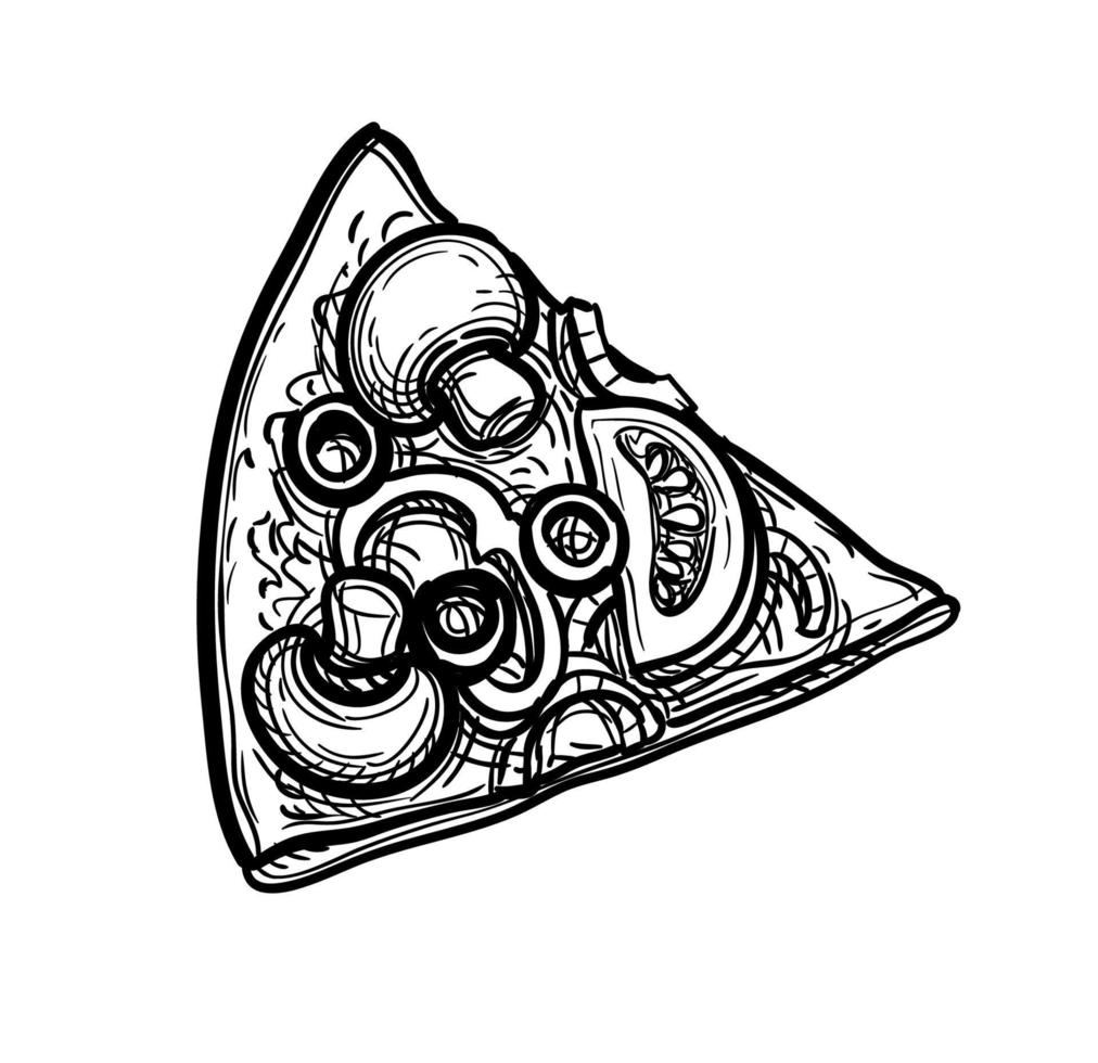 rebanado vegetariano Pizza coronado con hongos, aceitunas y pimienta. tinta bosquejo aislado en blanco antecedentes. mano dibujado vector ilustración. retro estilo.