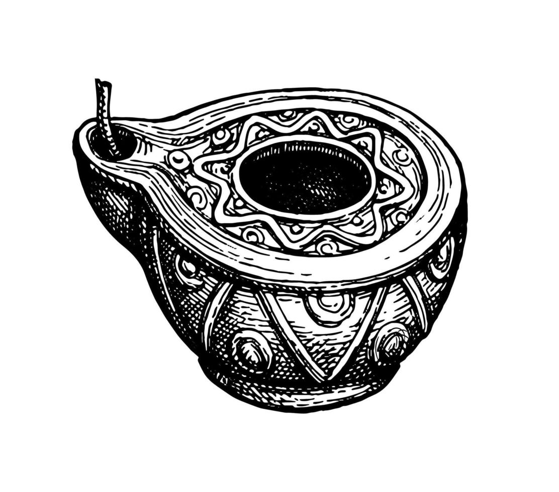 Antique clay oil lamp with ornament. Ink sketch isolated on white background. Hand drawn vector illustration. Retro style.