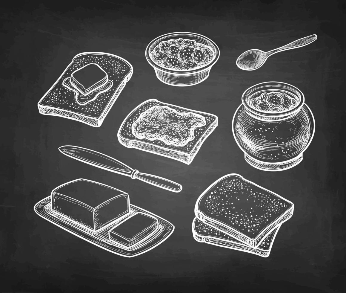 desayuno colocar. rebanadas de tostado un pan con mantequilla nad mermelada. tiza bosquejo en pizarra antecedentes. mano dibujado vector ilustración. Clásico estilo carrera dibujo.