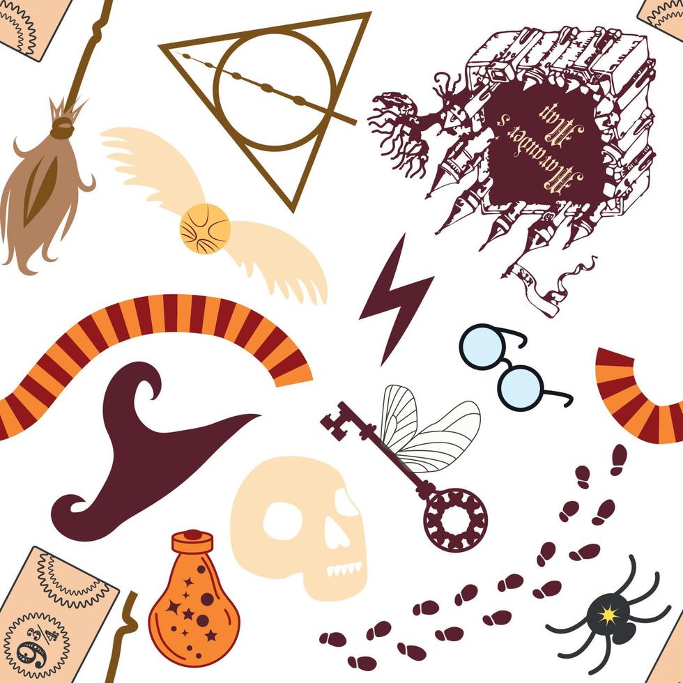 Magic items seamless pattern in flat style. School of Magic. Pumpkin, key, magic ball, feather, spider, purple hat, broom, skull, snake vector