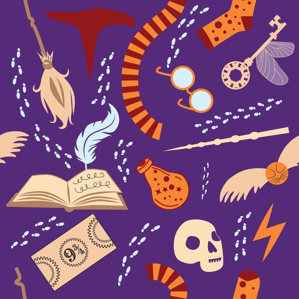 Magic items seamless pattern in flat style. School of Magic. Pumpkin, key, magic ball, feather, spider, purple hat, broom, skull, snake vector