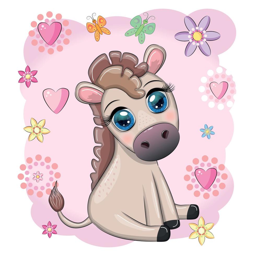 Cute donkey in flowers, with balloons, spring theme. Postcard for the holiday. vector