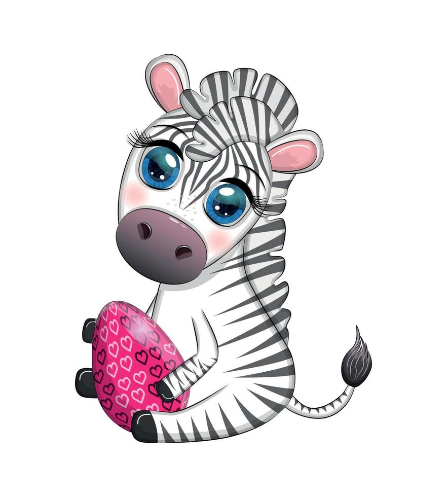 Zebra with Easter egg, flowers. Easter greeting card vector