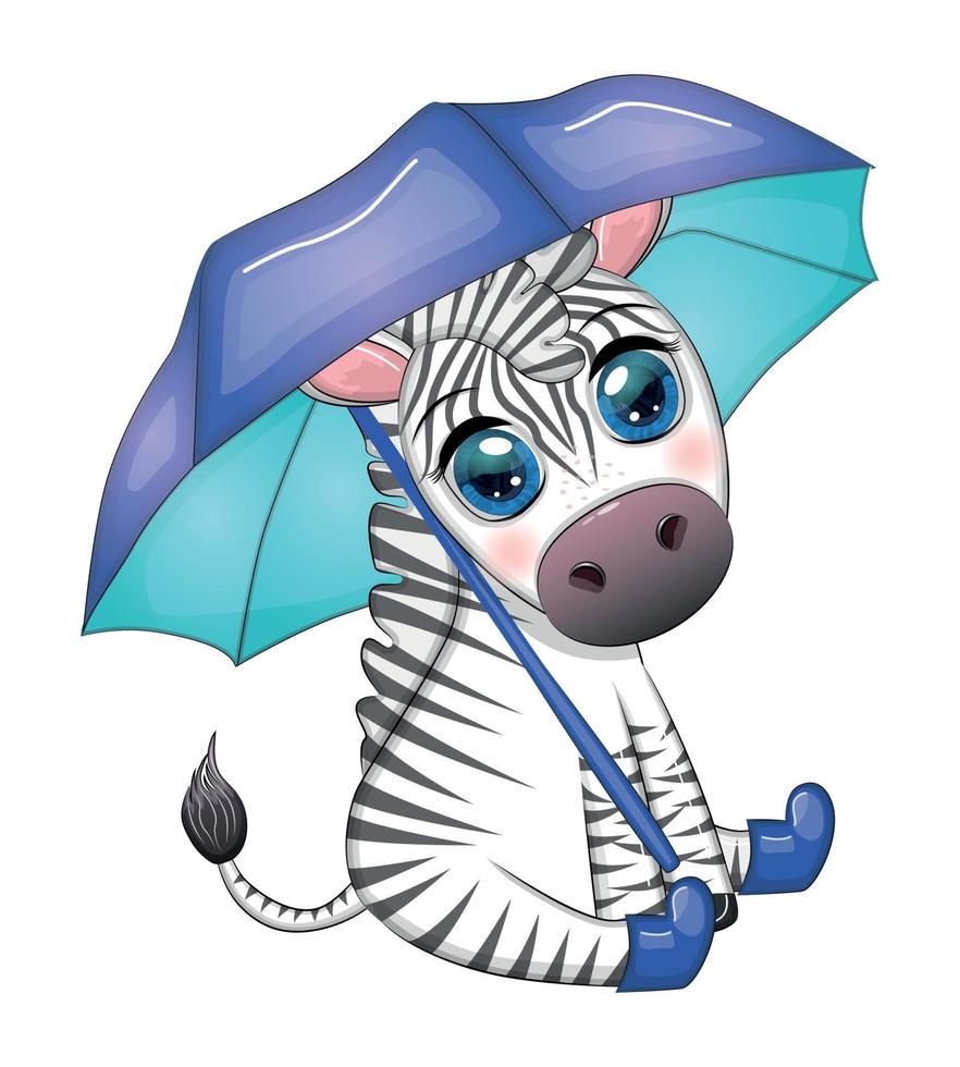 Striped zebra with umbrella, cute kid character. Autumn is coming, rain and yellow leaves vector