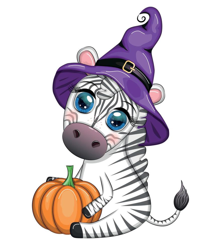 Cute zebra in witch hat, with broom, pumpkin jack, magic potion. Poster, card, label and decoration for Halloween vector