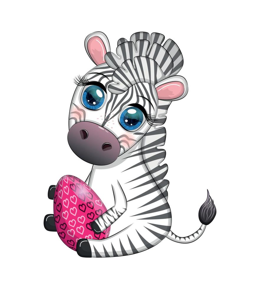 Zebra with Easter egg, flowers. Easter greeting card vector