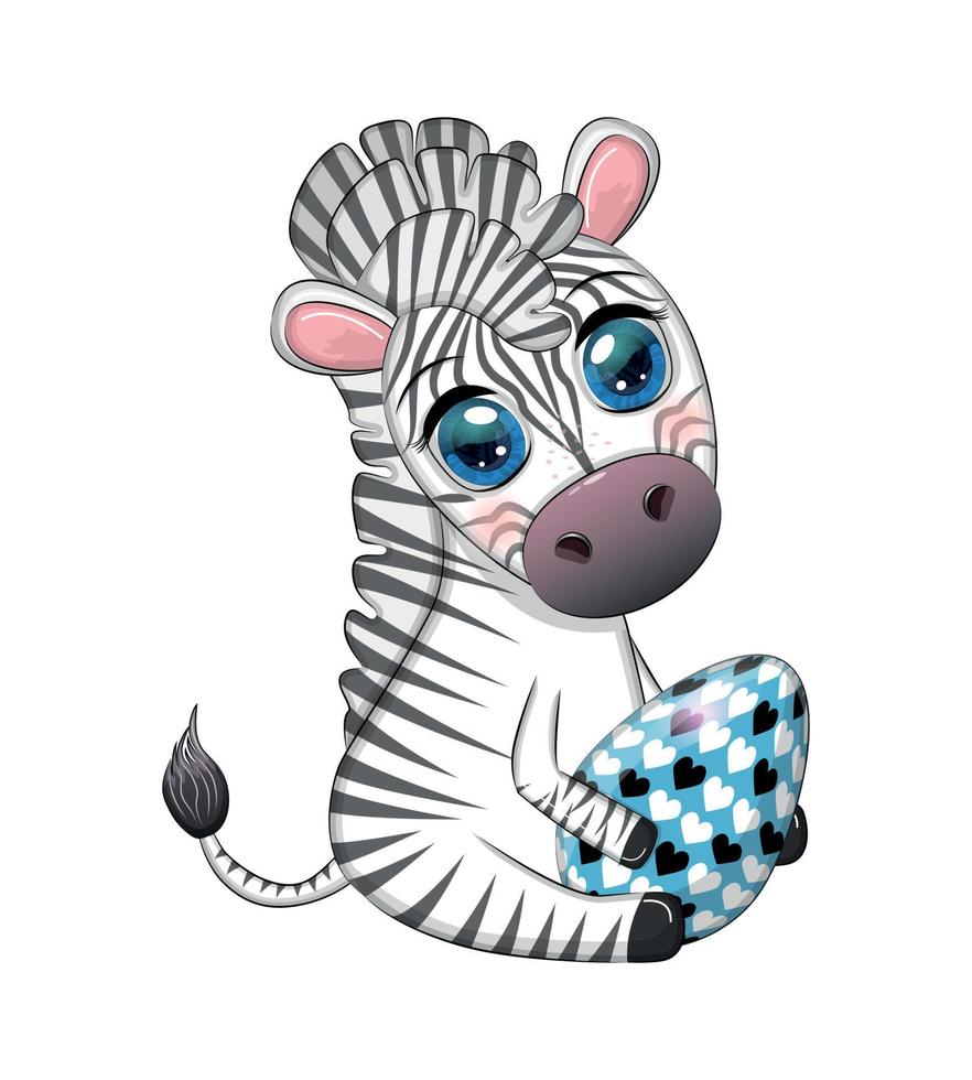 Zebra with Easter egg, flowers. Easter greeting card vector