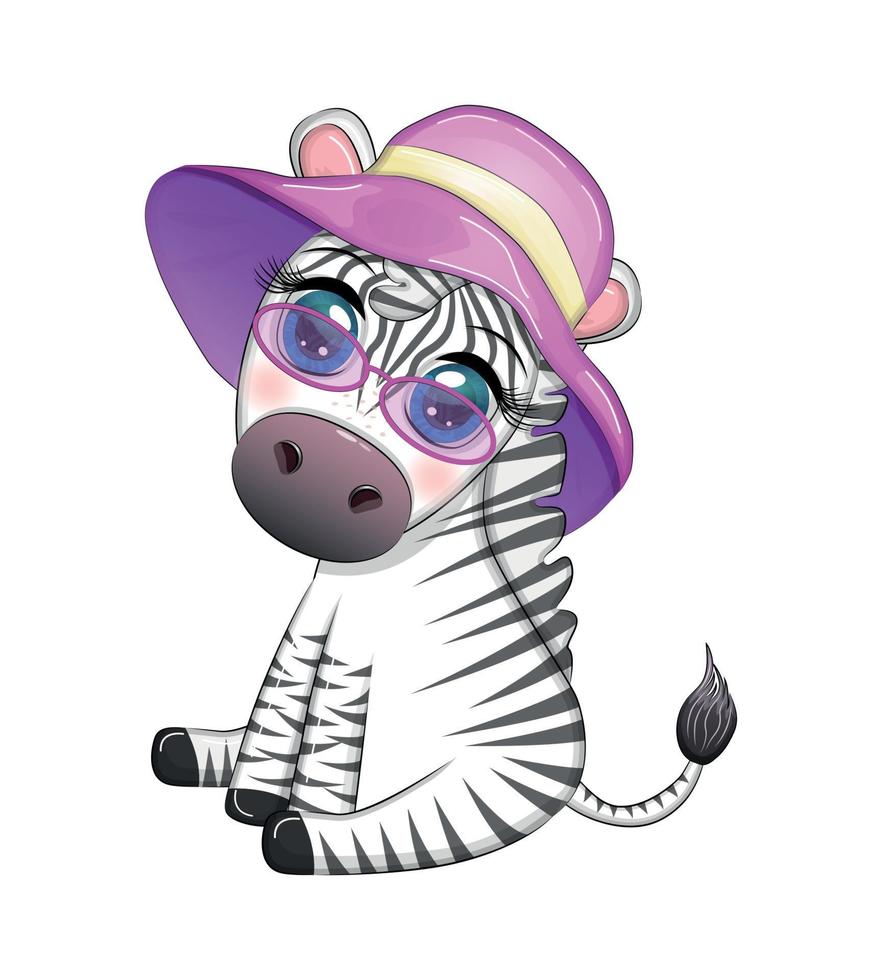Linda cebra en un sombrero de playa, carácter infantil. animal en ropa de verano. vacaciones de verano, vacaciones vector