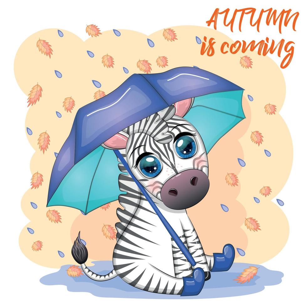 Striped zebra with umbrella, cute kid character. Autumn is coming, rain and yellow leaves vector