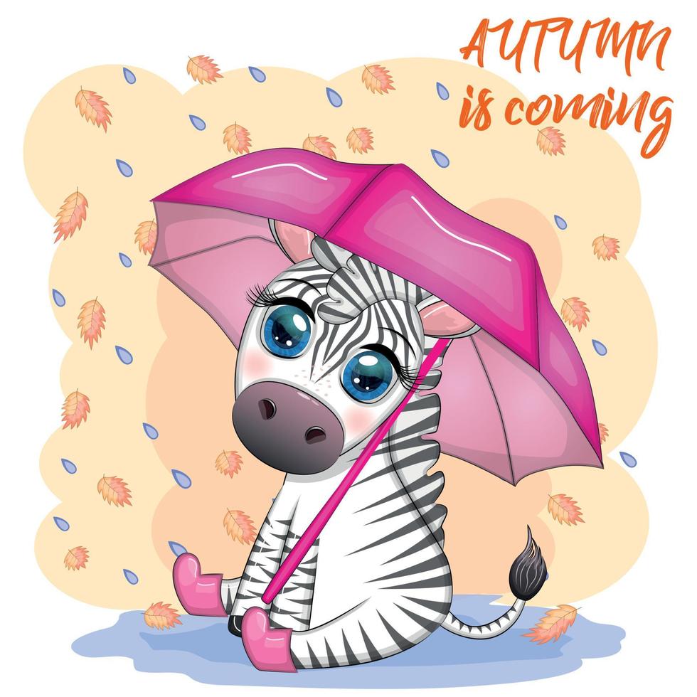 Striped zebra with umbrella, cute kid character. Autumn is coming, rain and yellow leaves vector