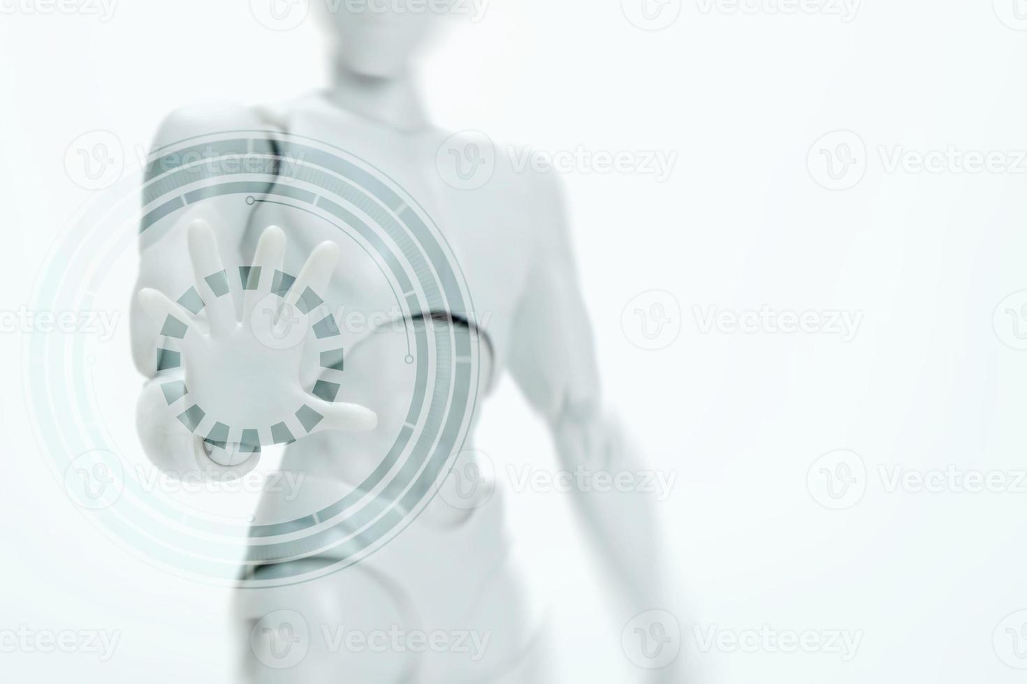 Blurred White Robotic Man with Hand Touching on Motion Hi Tech Circle Interface HUD, Suitable for Technology Concept. photo