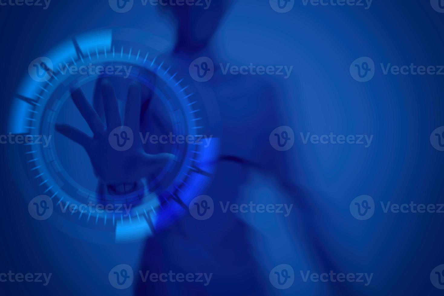 Blurred Blue Robot Cyborg Man with Hand Touching on Motion Hi Tech Circle Interface HUD, Suitable for Technology Concept. photo