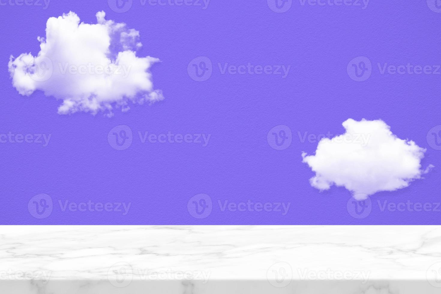 Marble Table with White Cloud with Blue Concrete Wall Texture Background, Suitable for Product Presentation Backdrop, Display, and Mock up. photo