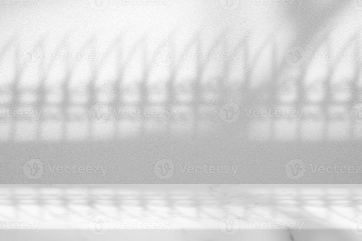 Marble Table with White Stucco Wall Texture Background with Metal Fence Shadow, Suitable for Product Presentation Backdrop, Display, and Mock up. photo