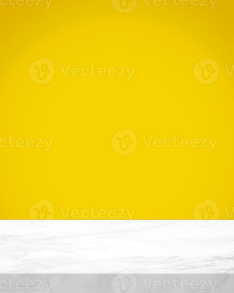 White Marble Table with Yellow Beige Gradient Background in Social Media Image Sizes, Suitable for Product Photography Backdrop, Display, and Mock up. photo