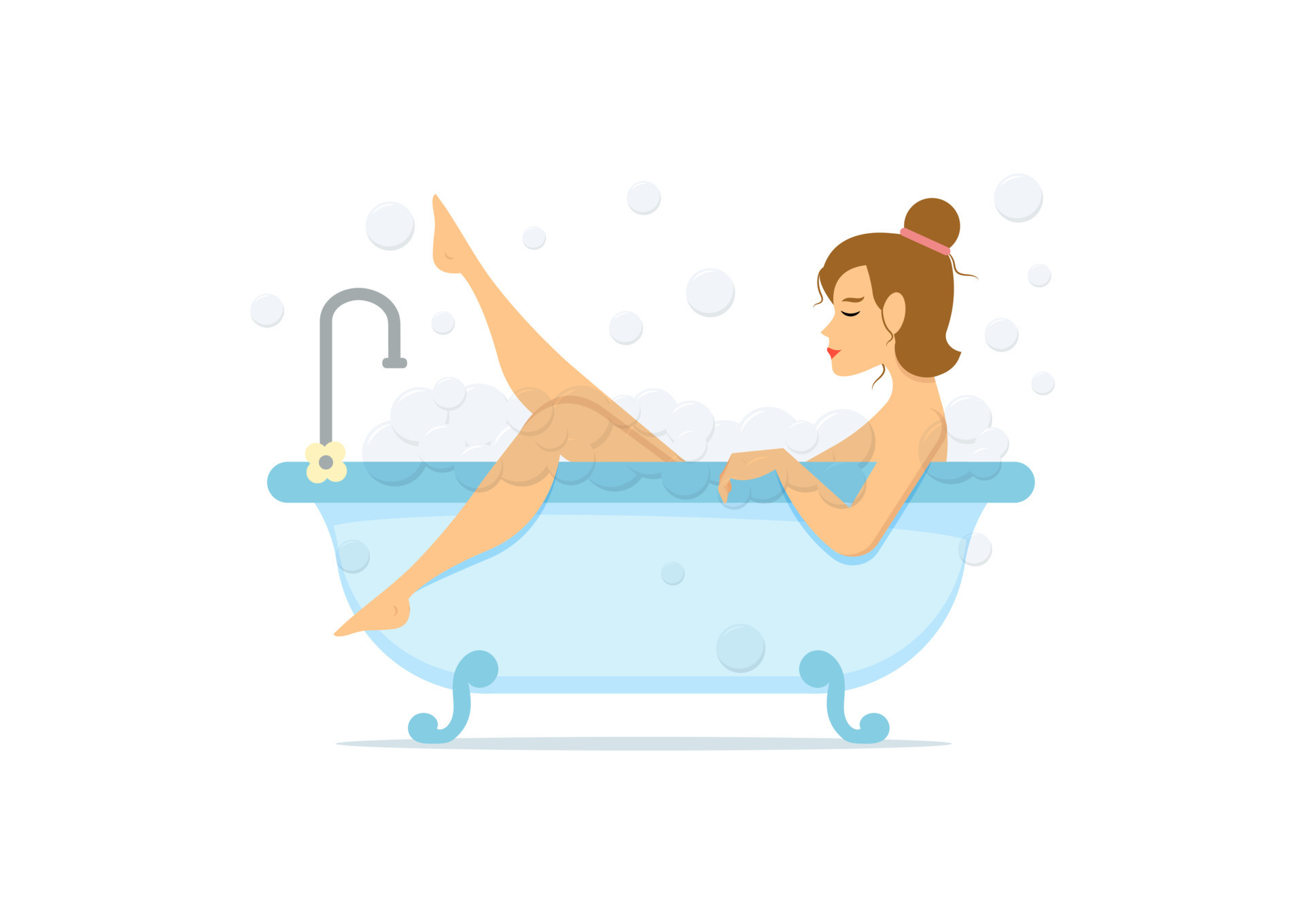 Woman taking a bubble bath and relaxing in a bathtub isolated on white