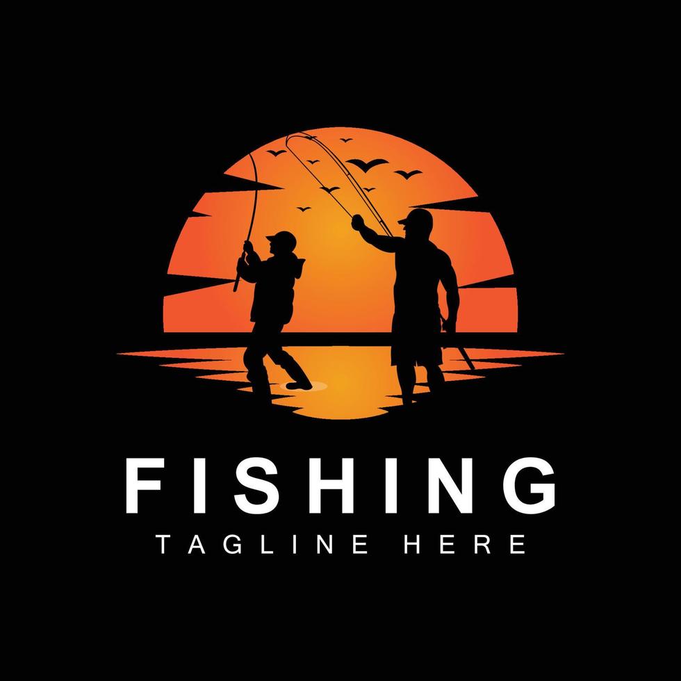 fishing logo icon vector, catch fish on the boat, outdoor sunset silhouette design vector