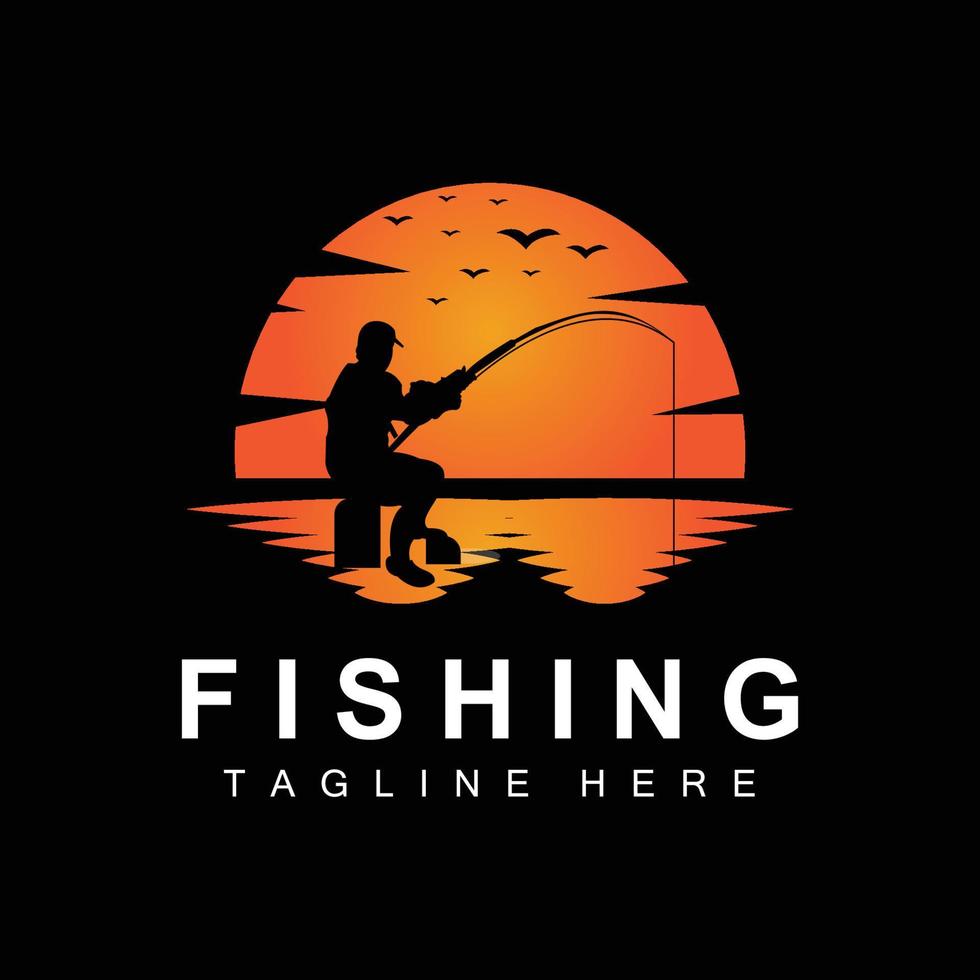 fishing logo icon vector, catch fish on the boat, outdoor sunset silhouette design vector