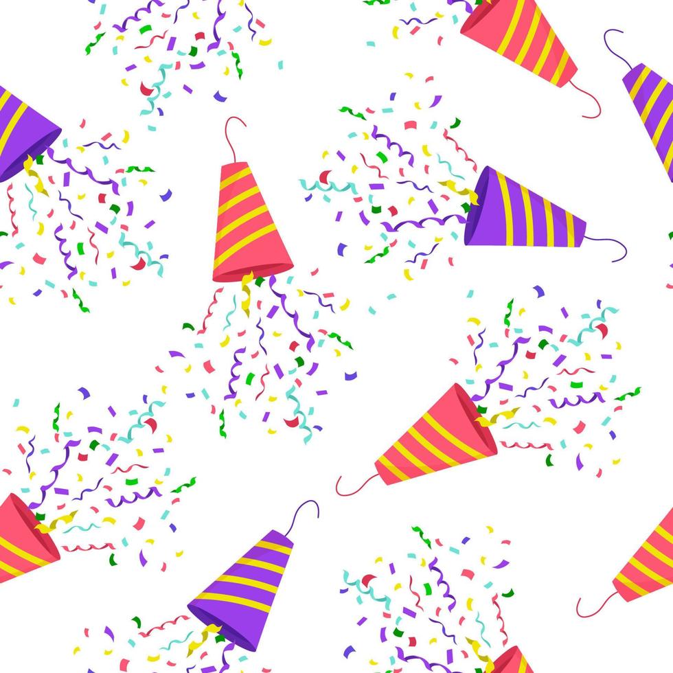 Seamless pattern colorful explosion of confetti. Colorful confetti fly out of the cracker. Vector illustration.