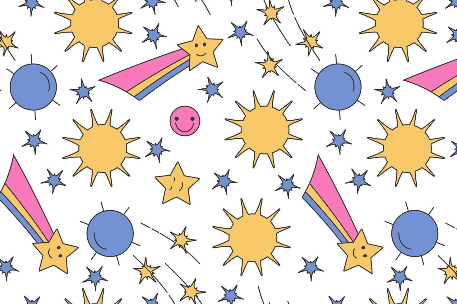 Seamless pattern in Groove style, retro 70s, 60s. Sun, stars and satellite on a white background. Vector illustration