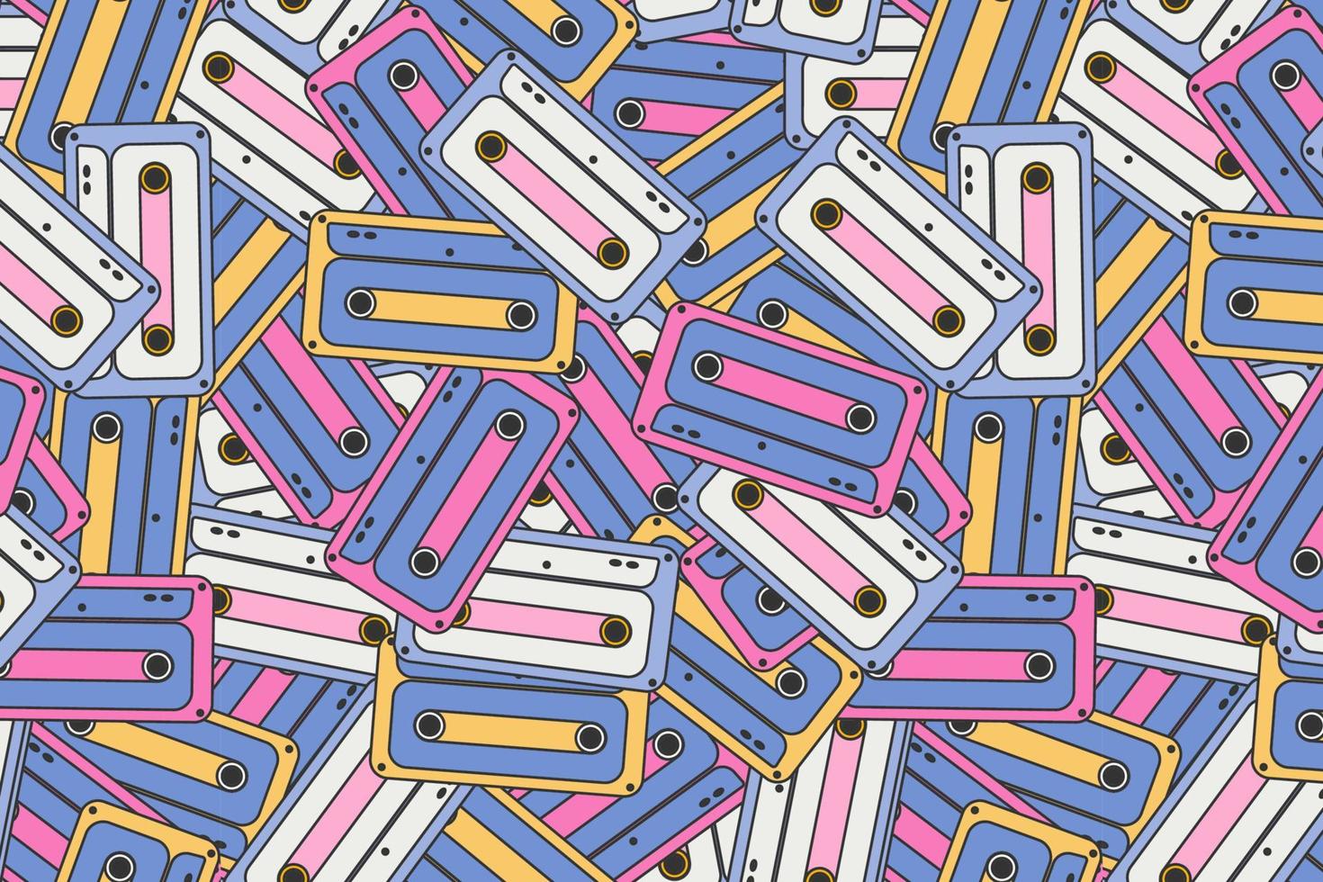 Seamless pattern in Groove style, retro 70s, 80s from audio cassettes. Many audio cassettes lie on top of each other. Vector illustration