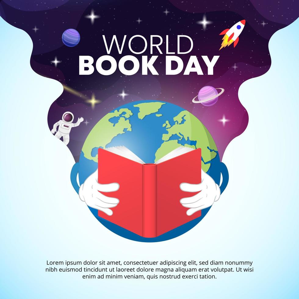 World book day background with the earth reading book vector