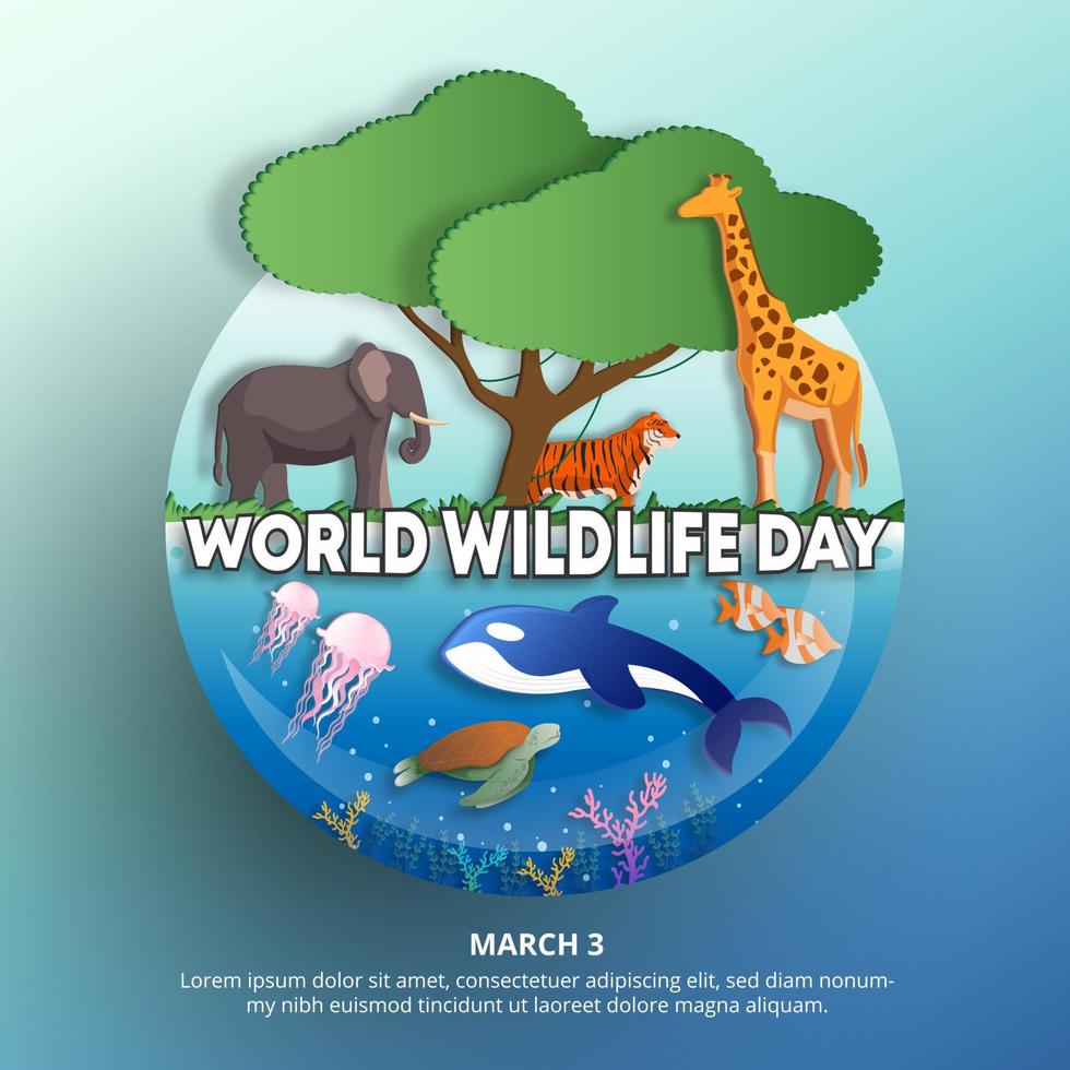 Square world wildlife day background with cutting paper wildlife vector